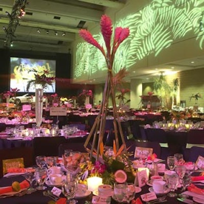 Tropical floral centrepieces from D?cor & More helped create a summery ambiance at the Metro Toronto Convention Centre for Reach for the Rainbow's 20th annual Crystal Ball.