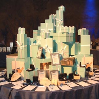 A display from Tiffany & Co. featured stacks of the jeweler's distinctive blue gift boxes.