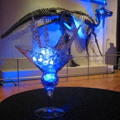Students of the event, exhibit and design program at Seneca College topped the cocktail tables at the Royal Ontario Museum with large, blue-lit martini glasses, oddly shaped and filled with clear glass rocks and icicles.
