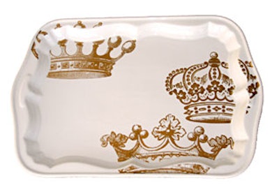 The stark white King’s Road platter from Rosanna has gold crown detailing. (11 3/4 by 16 inches, $40)