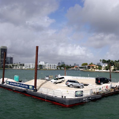 Land Rover created an off-road terrain on a barge right on Biscayne Bay for its V.I.P event.