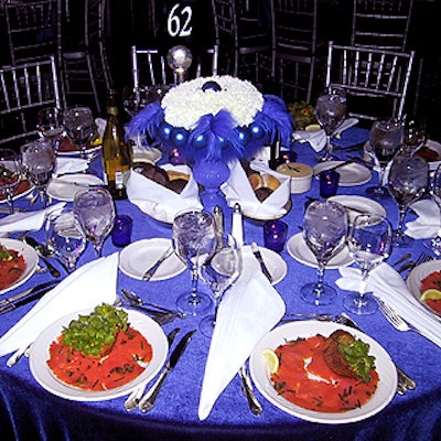 The Avi Adler centerpieces made a striking display set against the blue felt tablecloths. Foremost Glatt catered the event.