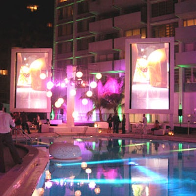 At the Mondrian South Beach preview reception, Stoelt Productions suspended large screens above the pool to display design elements that will be featured in the units.