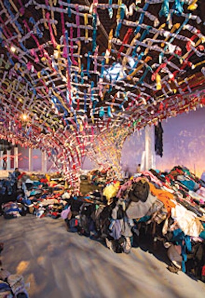 For the opening night gala of Los Angeles’ Museum of Contemporary Art’s “Skin & Bones: Parallel Practices in Fashion and Architecture” show, event producers created a canopy, seating, and a DJ booth from tons of discarded jeans and colorful shirts.