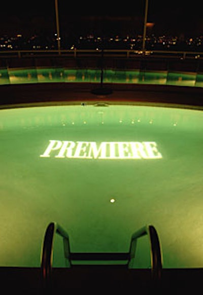 Alternating gobos of Premiere’s and sponsor Biolage’s logos appeared on the adjoining outdoor pool’s surface.