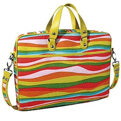 Textile designer Angela Adams' new canvas laptop bag retails for $150 and comes in four colorful prints, including 'spike/rainbow,' shown here. The sturdy bag, which measures 15.5 by 12.5 inches, features leather trim, a tote-able handle, a 48-inch adjustable shoulder strap, and plenty of pockets inside. Corporate discounts are available.