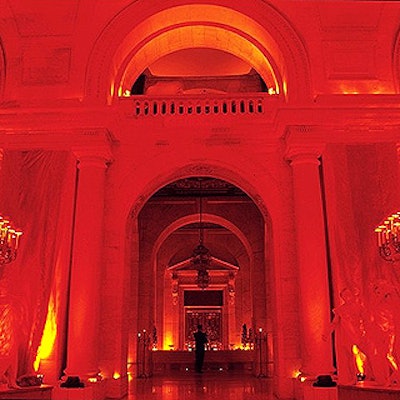 Musters & Company flooded Astor Hall at the New York Public Library with striking, blood-red light for the Hannibal premiere party.