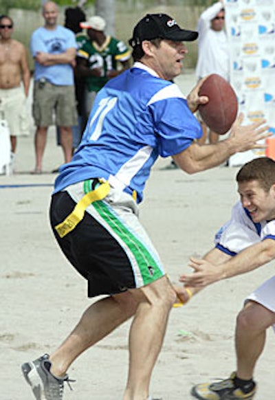 Current and former NFL players, including Matt Leinart, Steve Young (pictured), and Tim Brown, took part in Thursday’s DirecTV Celebrity Beach Bowl.