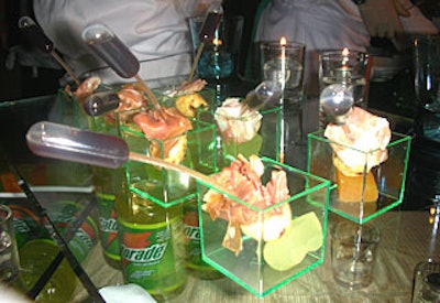 Kurtis Jantz of Neomi's Grill in Sunny Isles Beach, Florida, prepared a prosciutto-wrapped, chili-marinated mozzarella ball with melon confit; the strawlike skewer contained vin cotto and Gatorade.