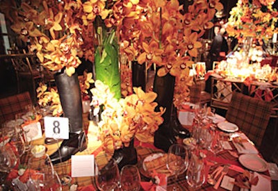 Designers Tony Ingrao and Randy Kemper put together an equestrian-theme table for Stark Carpet. Riding boots doubled as vases, and a single silver stirrup adorned the back of each chair cover.