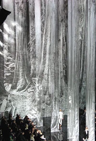 The 60-foot-long backdrop—an enlarged mural of a black-and-white archived photo of the Congress Hiking Trail in California’s Sequoia National Forest—gave the runway a dramatic look.