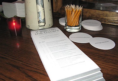 At New York’s event, sponsor Silverjet provided ballot cards as an activity (and a take-home item), as well as coasters inscribed with playful notes like “Arrive fashionably late.”