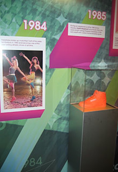 One wall displayed a Reebok timeline, which began at 1982 with a picture of spandex-clad exercisers and ended at 2007, with a picture of spokesmodel Scarlett Johansson wearing the shoes.