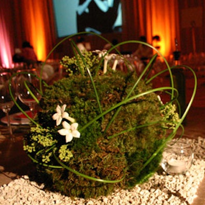 Table centerpieces consisted of delicate flowers and moss nestled on grey pebbles.