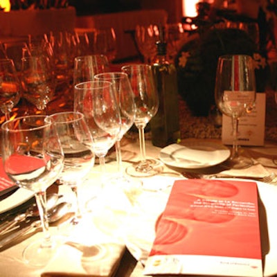Six Riedel wine glasses, one for each course and its wine pairing, graced each place setting.