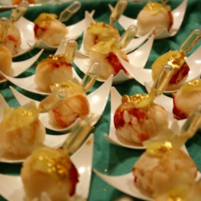 Spicy Maine lobster temari sushi with a lychee wine pipette, topped with gold-dusted wasabi gelee, by chef Marc Ehrler wowed the crowd.
