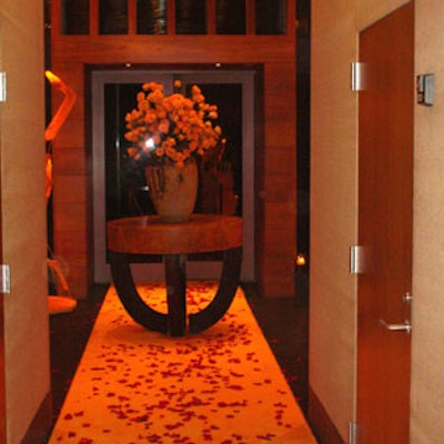 A pink rose petal-strewn yellow carpet runner decorated the lobby.