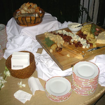An artisanal cheese display featured four types of cheeses for guests to taste: Grana Padano, cow's milk blue, house-made Boursin, and seasonal soft ripened.