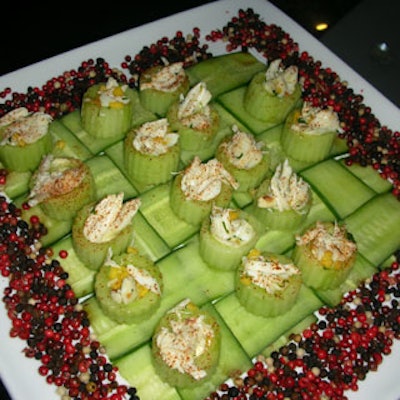 Black-clad Café Boulud butlers passed eight kinds of hors d'oeuvres during the first hour and a half of the event, including this jumbo lump crab and mango in a cucumber cup.