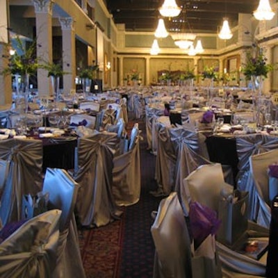 Silver-toned linens from Have A Seat covered the dining tables and chairs.