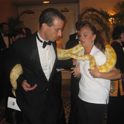 Live animals were brought in as well. Here, a snake handler entertains a guest.