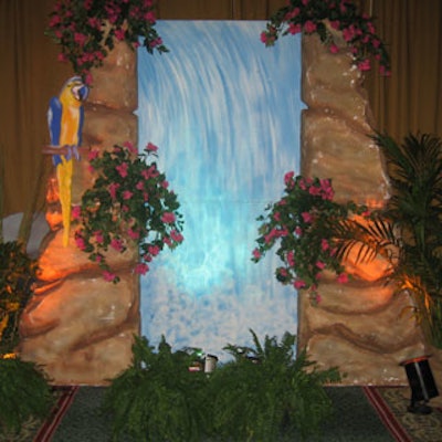 A faux waterfall decorated the entrance area, setting the mood for arriving guests.