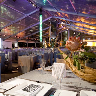 The gala's decor was based on a 'shimmer and shine' theme, which meant tables and chairs were covered in coordinating silver fabric. Centerpieces of Columbian driftwood and king proteas were both organic and sculptural.