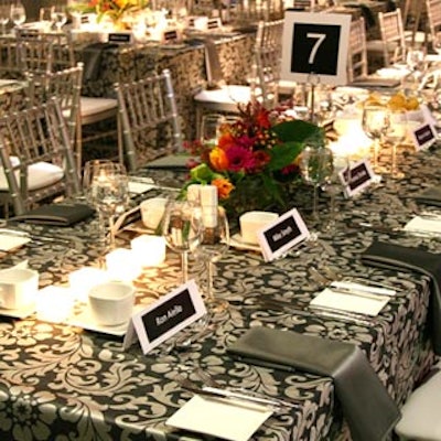 Around the Table supplied black and silver Art Deco patterned linens for Haywood Securities' client appreciation dinner at Mars Discovery Centre.