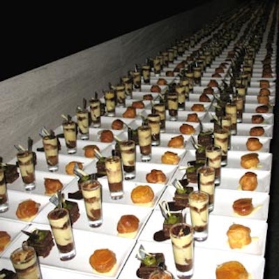 Desserts included tiramisu in shot glasses, chocolate and pistachio torte, and profiteroles with Grand Marnier.