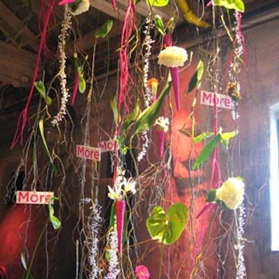 Flowers from Absolutely Flowers hung from the ceiling of the Fermenting Cellar for Transcontinental's launch party for More magazine.