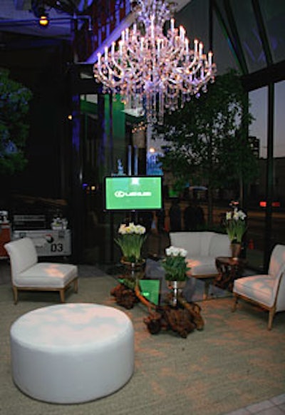 Showroom windows decorated with chandeliers got a new use as lounge areas.