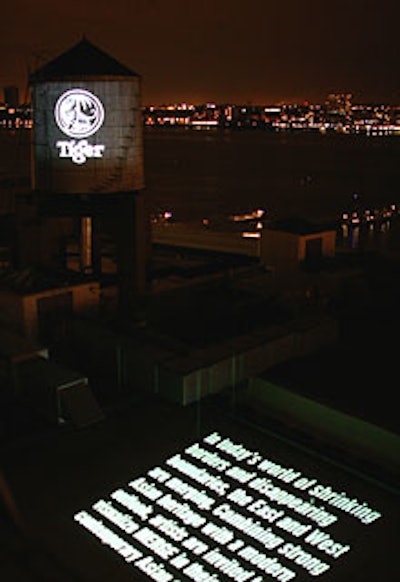 Guests could see the Tiger Beer logo, projected onto a water tower, as they approached the venue; once inside, attendees could read the “merge” manifesto on a nearby roof. “It was something we thought was a little clever and cheeky,” Mdnor said. “[People were] able to get a preview on the outside of the building without it being in their face.”