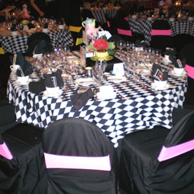 Harlequin table linens combined with chairs covered in black fabric and accented with pink bands complemented the Mad Hatter theme.