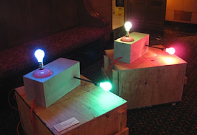 The auction included a sculpture from Jim Lambie, titled “Dubtronic,” that was made of concrete, ceramic, metal, electric power cord, and lightbulbs.