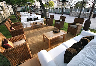 Lounge seating areas featured smart-looking slip-covered couches and rattan chairs.