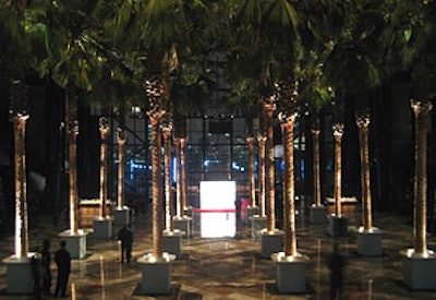 The after-party took place in the World Financial Center Winter Garden. Cocktail ledges custom-built by Dalzell Green surrounded the base of each of the venue's palm trees.