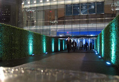 Uplit plastic hedgerows lined the entrance to the World Financial Center.