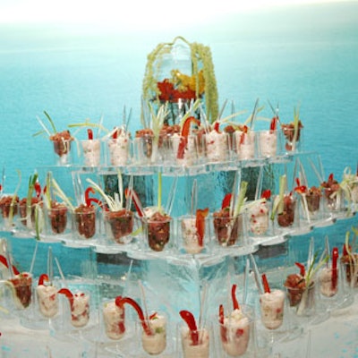 A ceviche station was displayed on a multitiered ice sculpture.