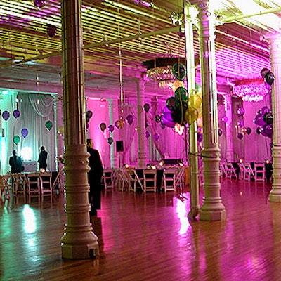 The simple decor in the Grand Ballroom of the Puck Building included colorful balloons and lighting.