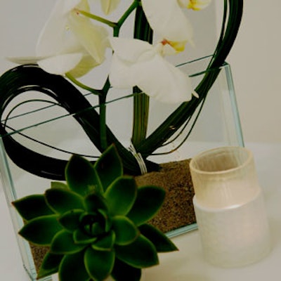 With its heart-shaped stem and glass container, this phalaenopsis orchid mixed with wire grass to produce a classy floral arrangement that gave guests of the Perry Ellis lounge something to talk about.