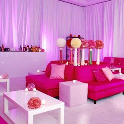 Accented with pink couches, a pink spotlight, and pink-hued tables and drapes, the Hard Candy lounge attracted a lot of female attention.