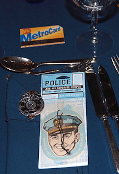 The New York Police Department table included details such as a policeman air freshener and silver plastic badges.