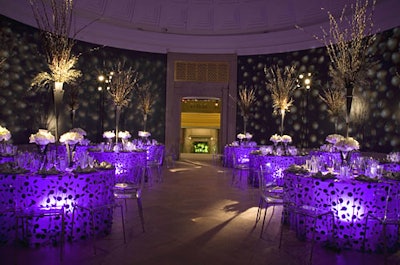 In the rotunda, pussy willow and white amaryllis sat atop translucent tables with remote-operated LED lights. The tables were paired with acrylic scoop-back chairs with chrome legs.