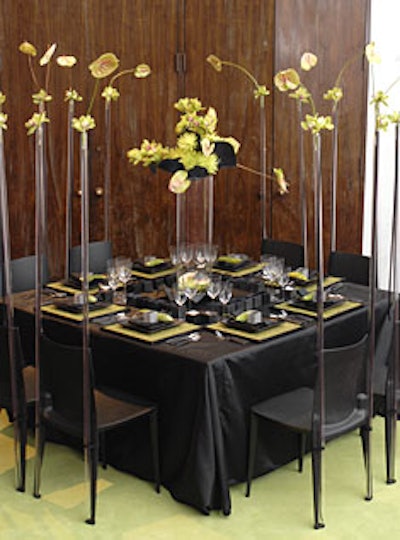 Neiman Marcus’s sleek “Vert et Noir” tablefunctioned as a minimalist backdrop for an over-the-top meal.