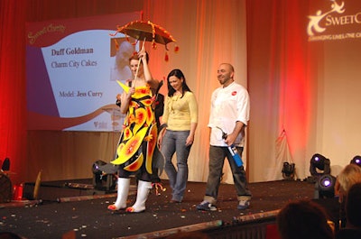 Celebrity chef Duff Goldman walked the runwaywith a model wearing his sweet creation.