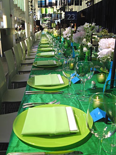 Stark matched the linens, vases, china, and glassware to the colors of the strips.