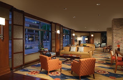 The hotel lobby, with views of M Street.