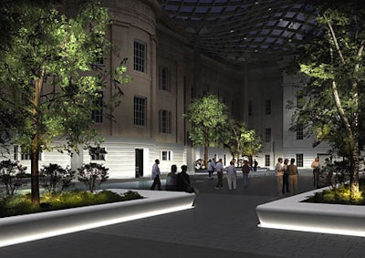 A nighttime view of the courtyard.