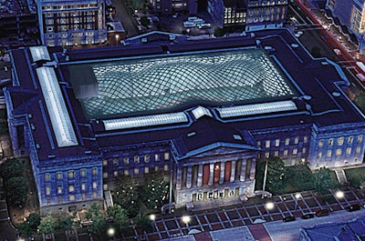An aerial view of the courtyard glass canopy atop theReynolds Center.