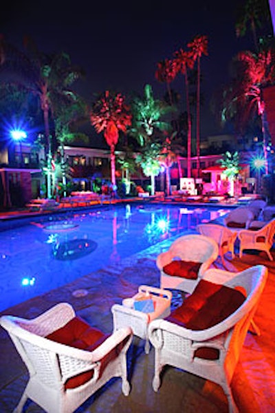 Wicker furniture surrounded the pool.